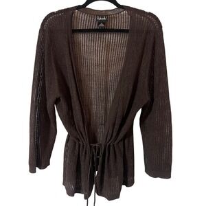 Rafaella Cardigan XL Bohemian Pointelle Knit Drawstring Brown